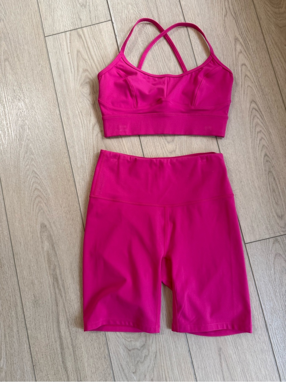 Varley Hot Pink Strappy Sports Bra & High-Waist Bike Shorts Set
